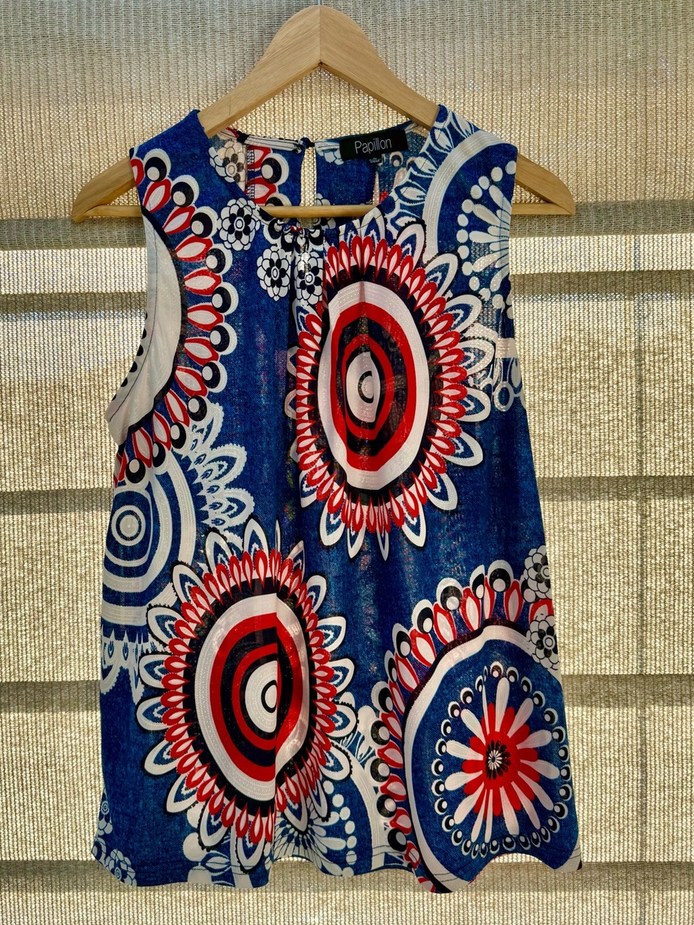 Papillon Blank tank top with red, blue, white and black mandala pattern